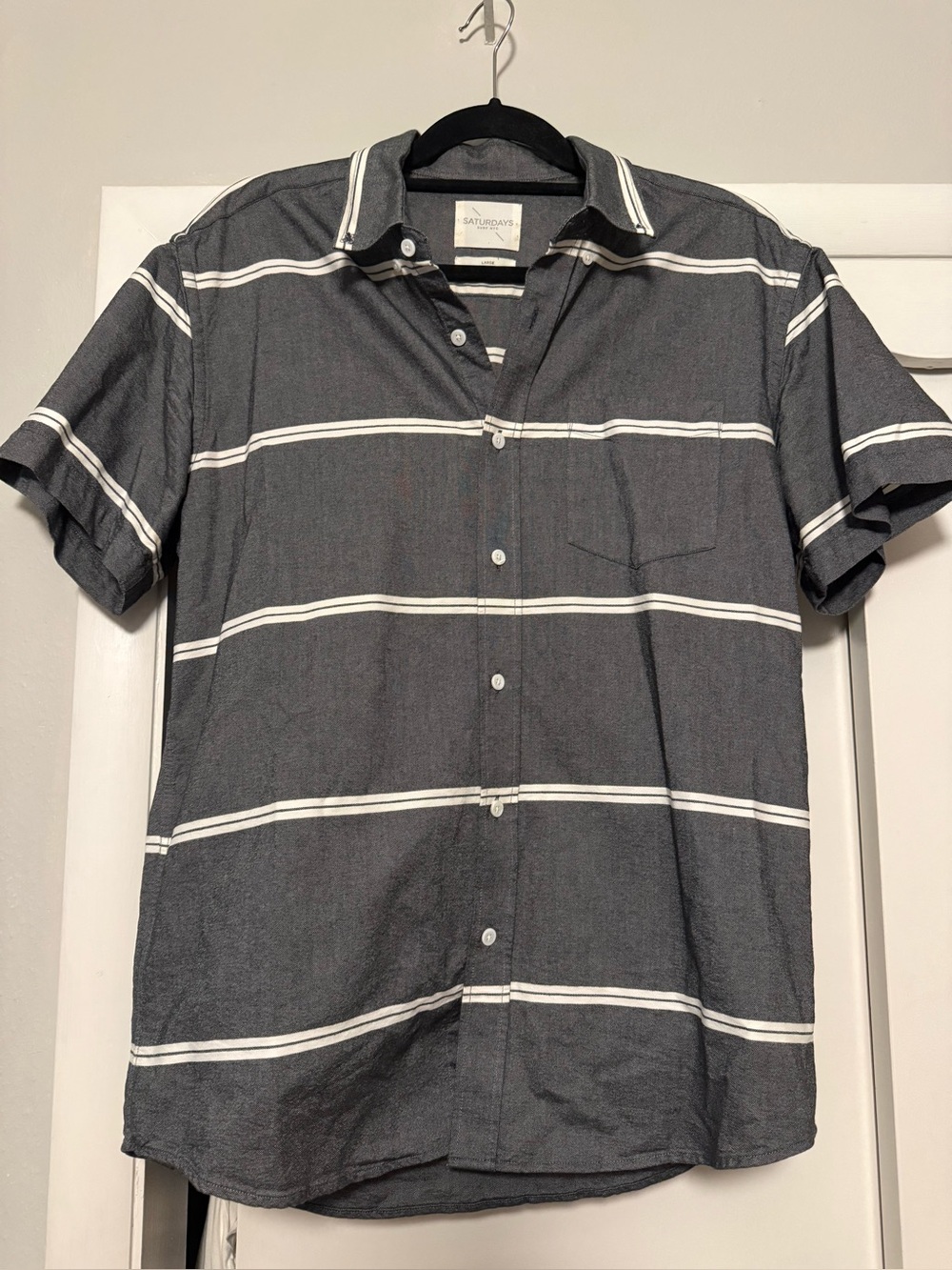 Saturdays NYC Casual Gray Short-Sleeve Stripe Button-Up Shirt